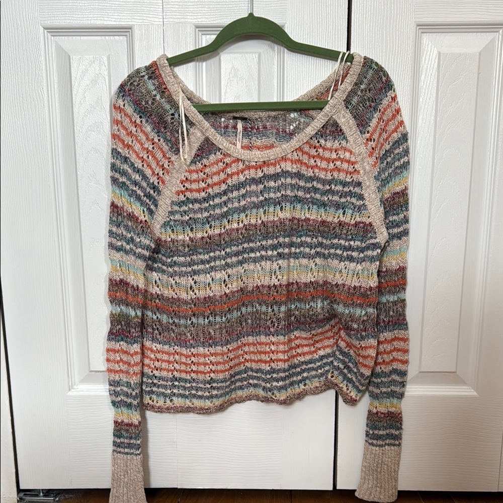 Free People Cream and Gray Crew Neck Sweater